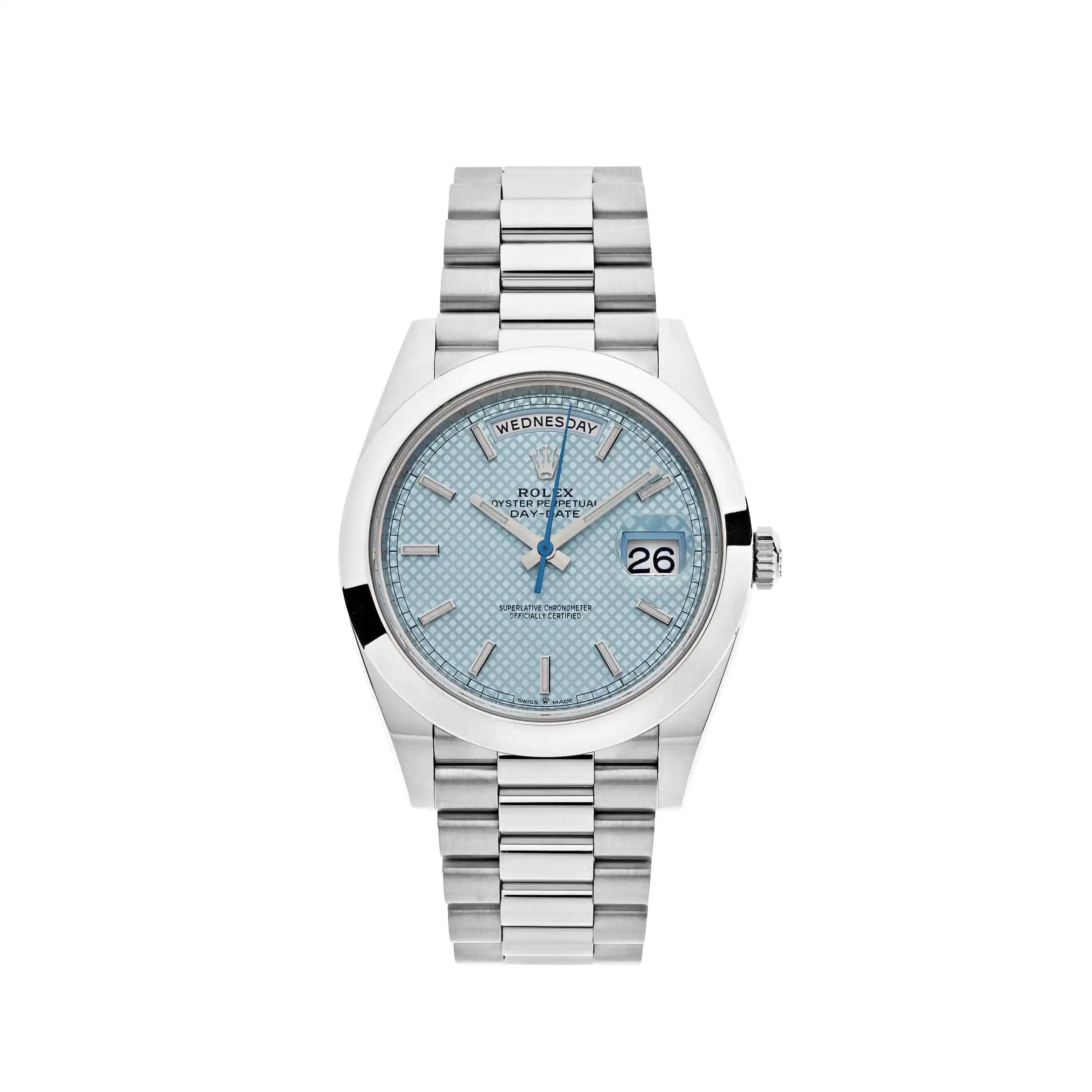 Replica Rolex Day-Date 228206 Platinum Ice Blue Diagonal Motif Dial
