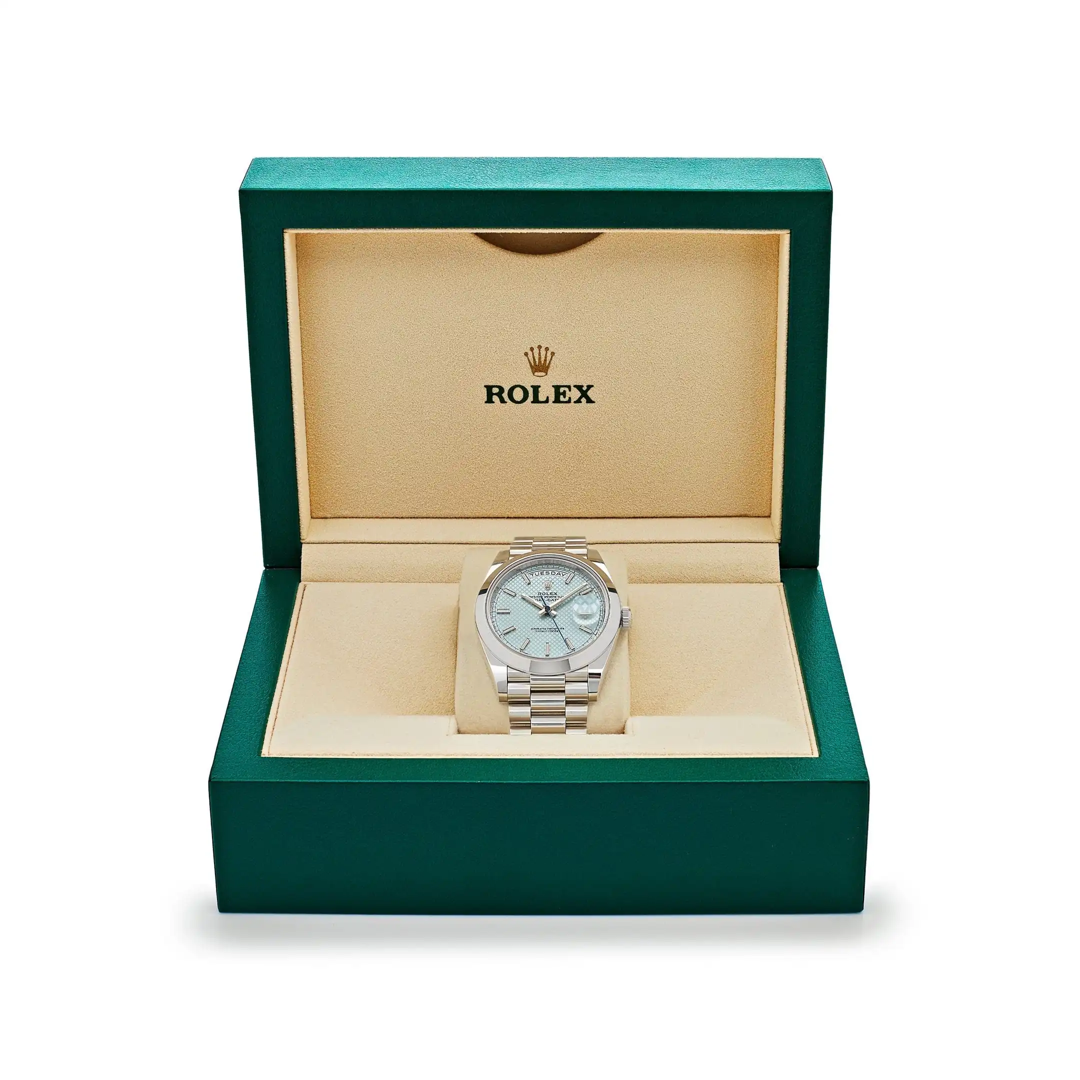 Replica Rolex Day-Date 228206 Platinum Ice Blue Diagonal Motif Dial - Image 7