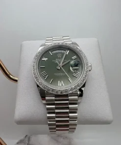 Alternative view of Replica Rolex Day-Date 228396TBR Platinum Olive Green Dial Diamond Bezel