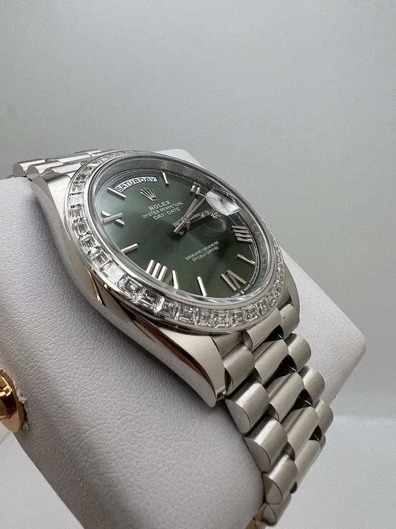Replica Rolex Day-Date 228396TBR Platinum Olive Green Dial Diamond Bezel - Image 4