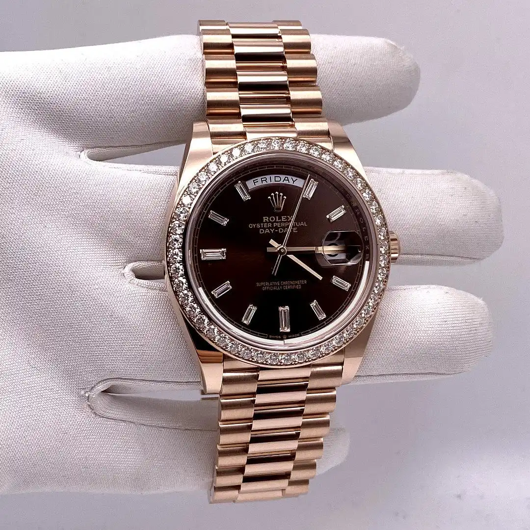 Replica Rolex Day-Date 228345RBR Rose Gold Diamond Bezel Chocolate Dial - Image 2
