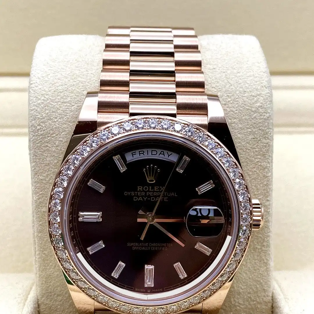 Replica Rolex Day-Date 228345RBR Rose Gold Diamond Bezel Chocolate Dial - Image 3