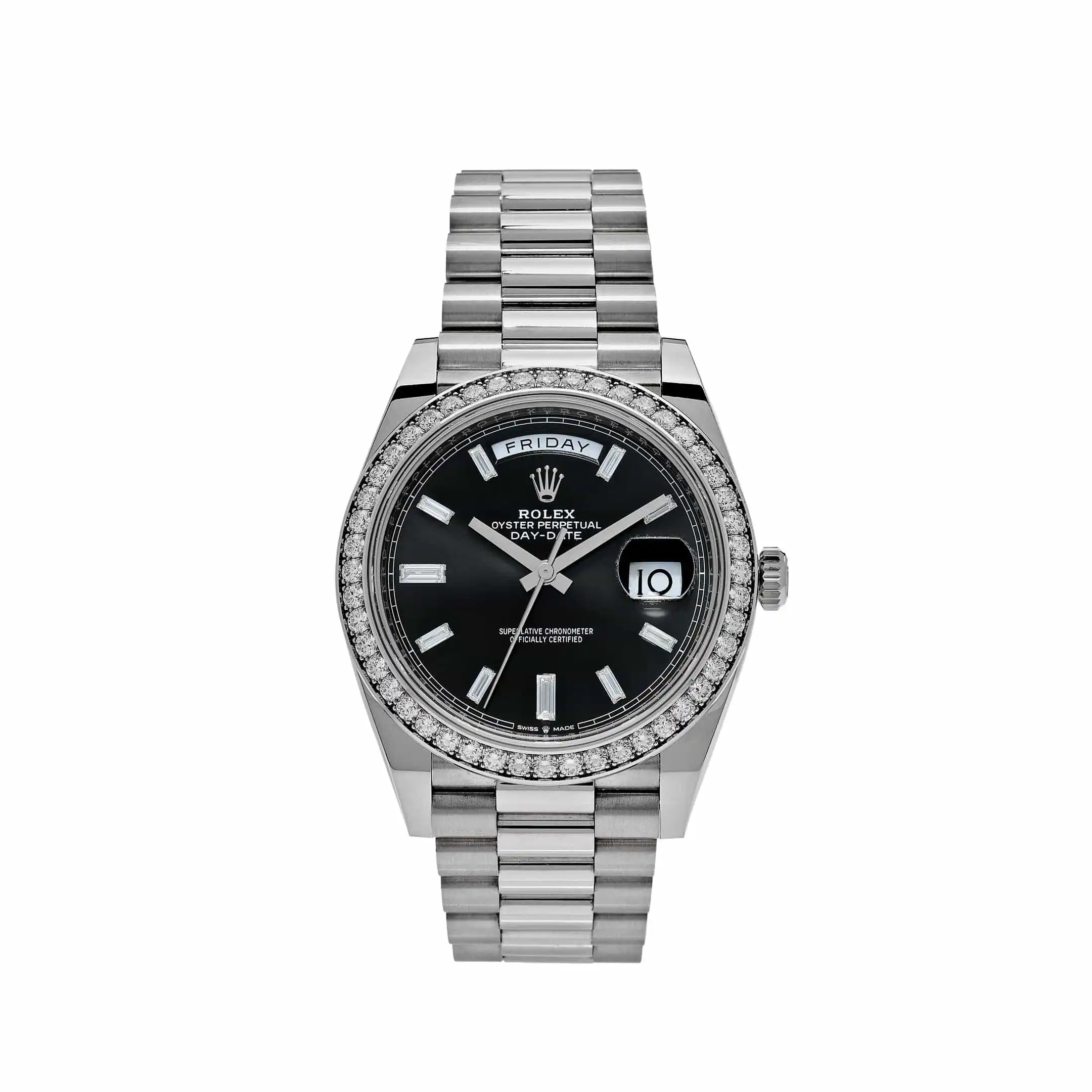 Replica Rolex Day-Date 228349RBR White Gold Black Dial Diamond Bezel
