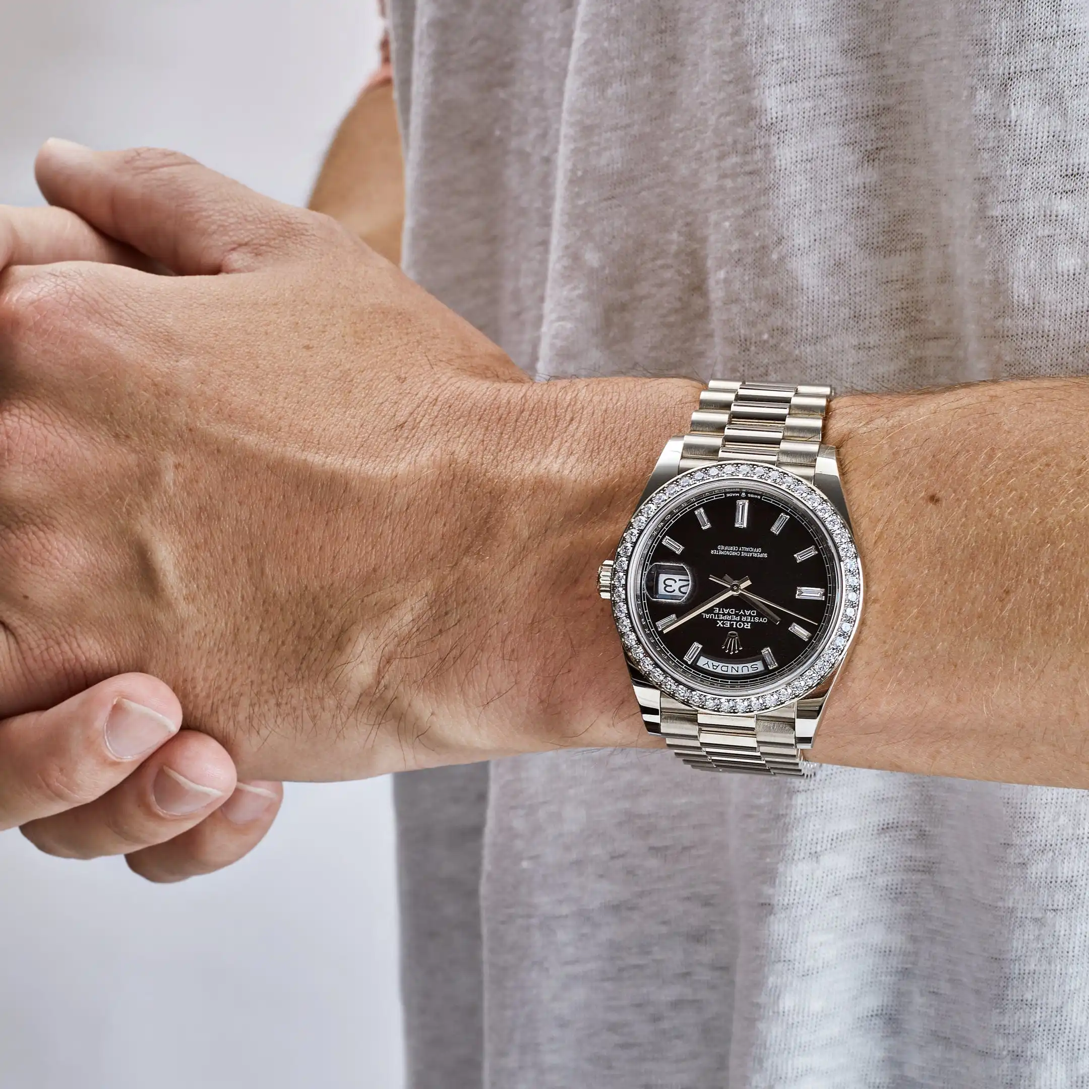Replica Rolex Day-Date 228349RBR White Gold Black Dial Diamond Bezel - Image 2
