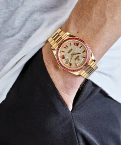 Alternative view of Replica Rolex Day-Date 228398TRU Yellow Gold Roman Dial Ruby Bezel