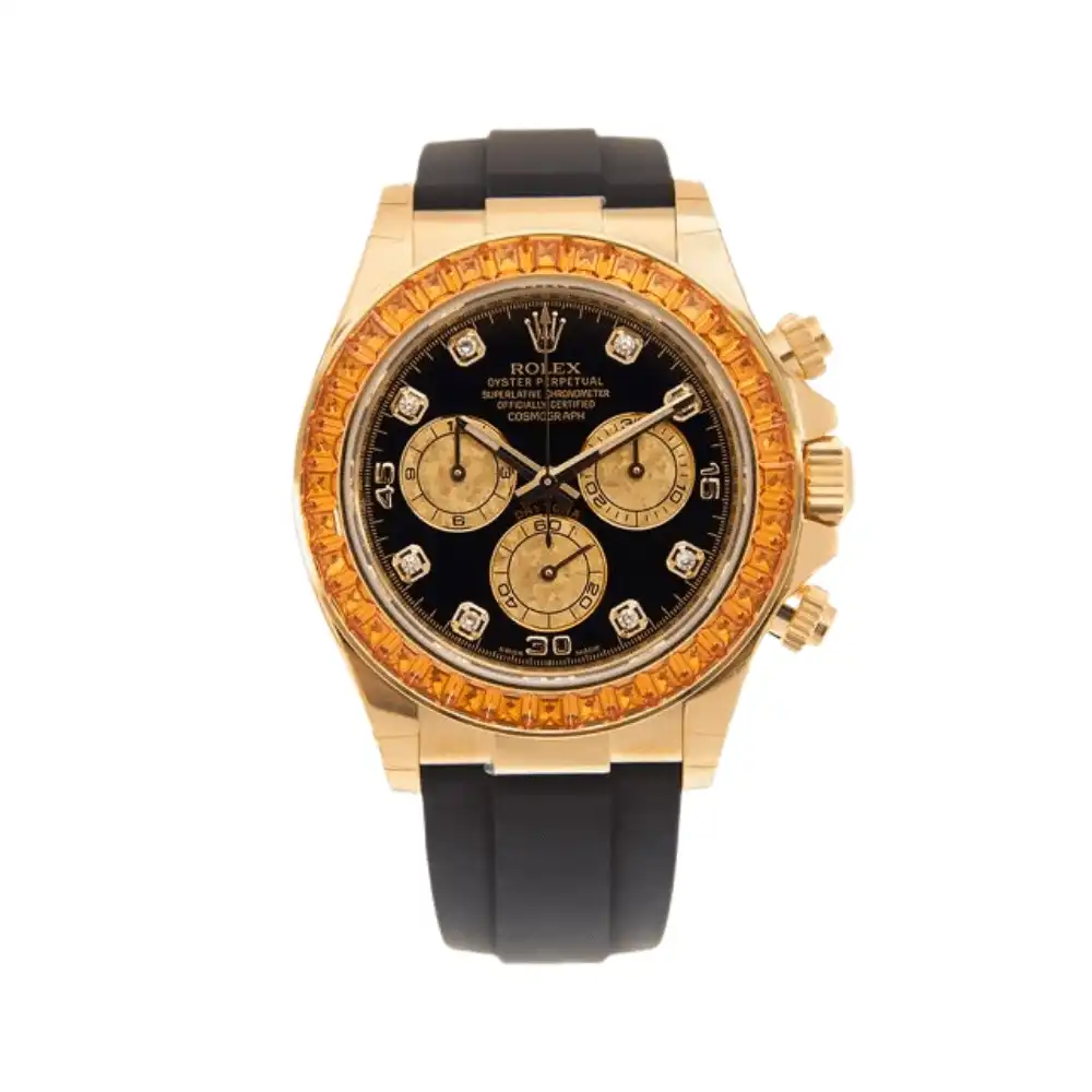 Rolex Daytona Replica 116588SACO Yellow Gold Orange Sapphire Bezel Black Diamo
