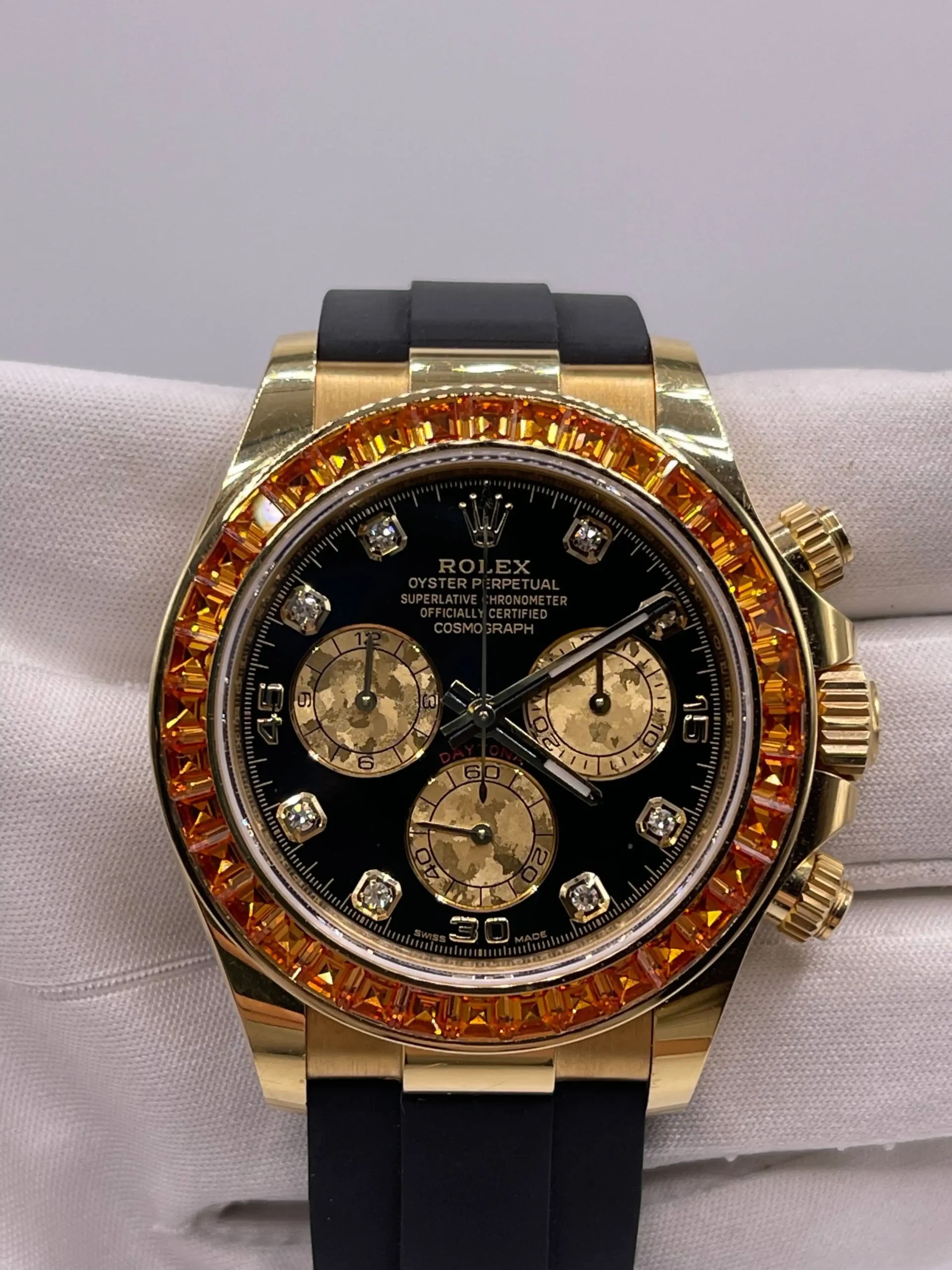 Rolex Daytona Replica 116588SACO Yellow Gold Orange Sapphire Bezel Black Diamo - Image 2