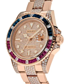 Alternative view of Rolex GMT-Master II Replica 126755SARU Rose Gold Sapphire and Ruby Diamond Pave