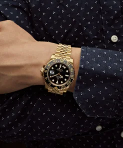 Alternative view of Rolex GMT-Master II Replica 126718GRNR Yellow Gold Black Dial Jubilee
