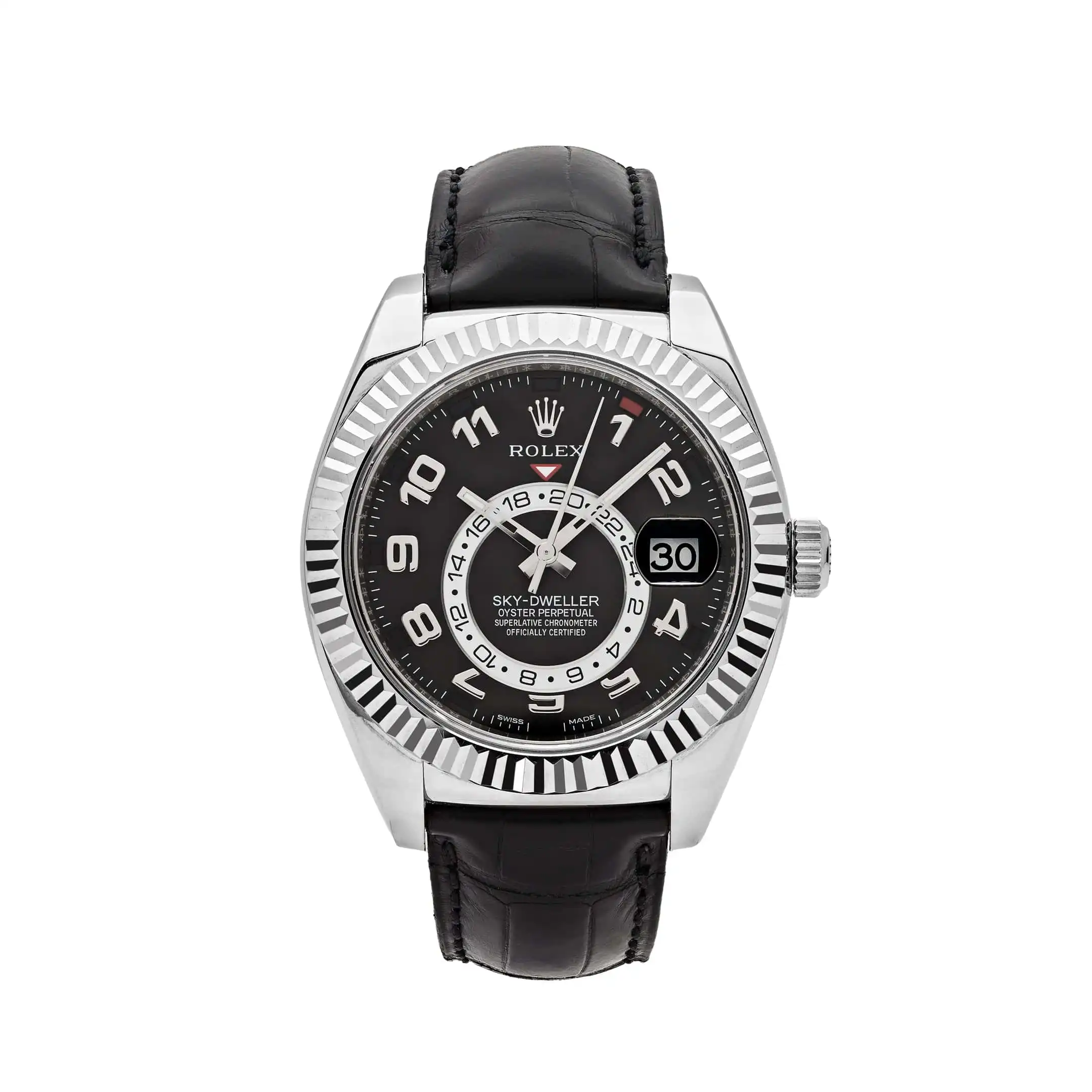 Replica Rolex Sky-Dweller 326139 White Gold Black Dial Leather Strap