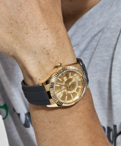 Alternative view of Replica Rolex Sky-Dweller 326238 Yellow Gold Champagne Dial Rubber Strap
